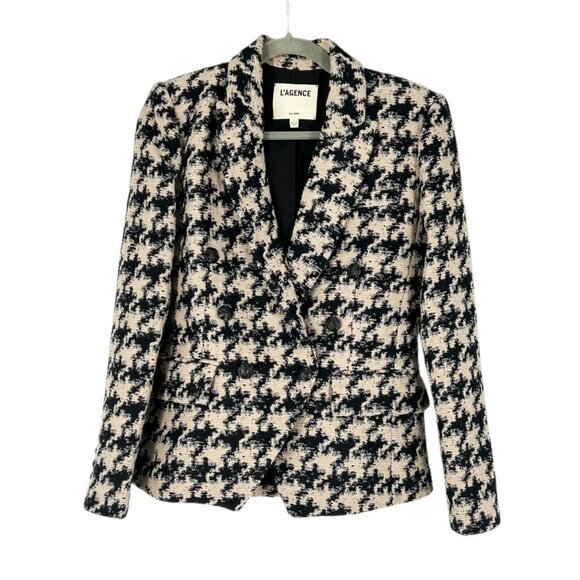 L'Agence Kenzie Houndstooth Wool Blend Double Breasted Blazer Jacket - Picture 2 of 6